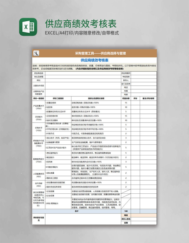 供应商绩效考核表Excel表格