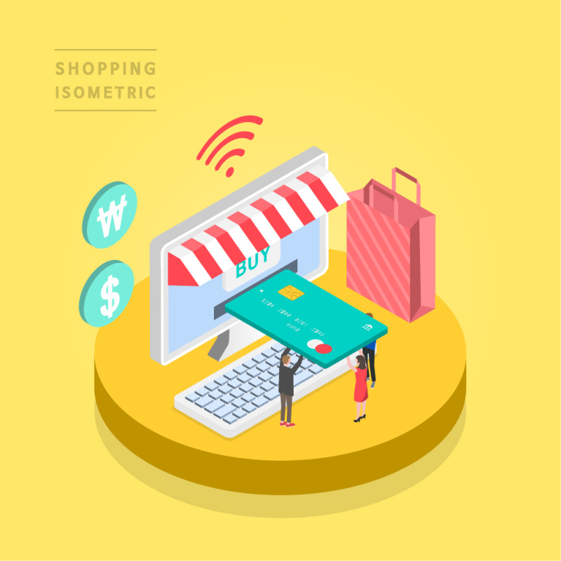 创意时尚2.5D等距视角人物购物促销社交场景舞台插画矢量素材22