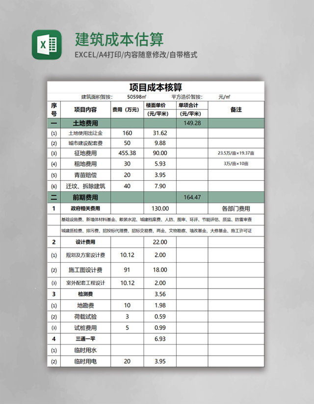 建筑成本估算表格