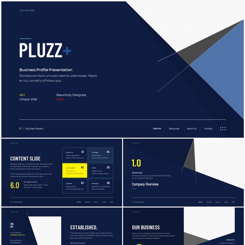 深蓝色简约公司简介企业宣传PPT模板PLUZZ - Company Profile