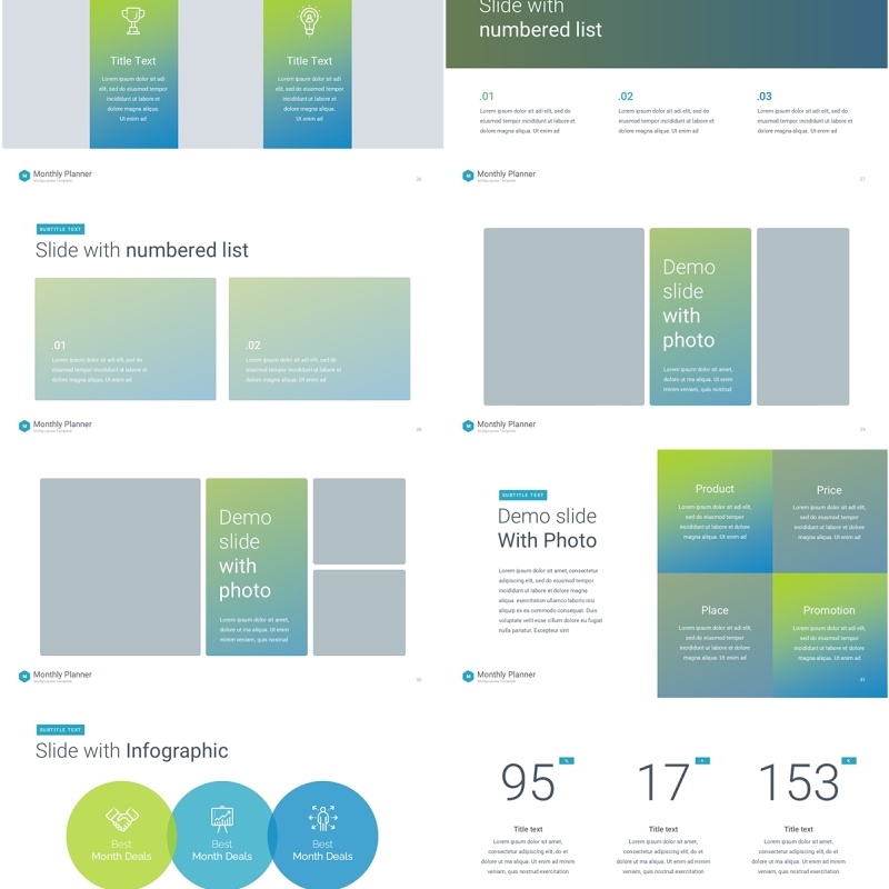 蓝绿色月度计划规划工作汇报PPT动态模板可插图Monthly Planner animation