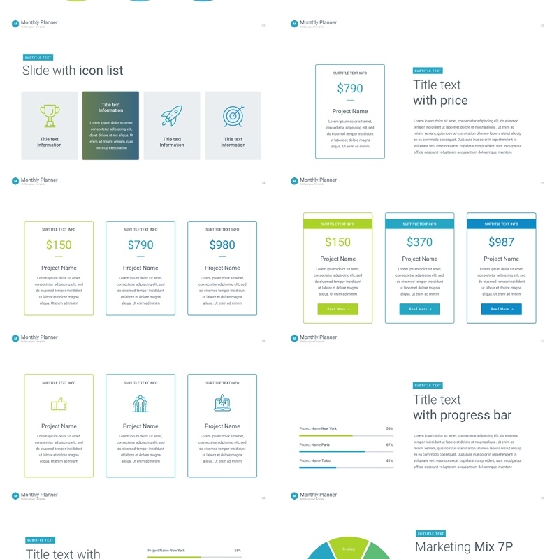 蓝绿色月度计划规划工作汇报PPT动态模板可插图Monthly Planner animation