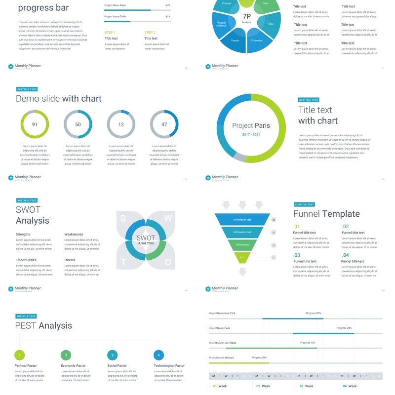 蓝绿色月度计划规划工作汇报PPT动态模板可插图Monthly Planner animation