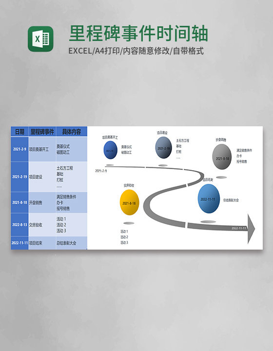 蓝色简约里程碑事件时间轴excel模版