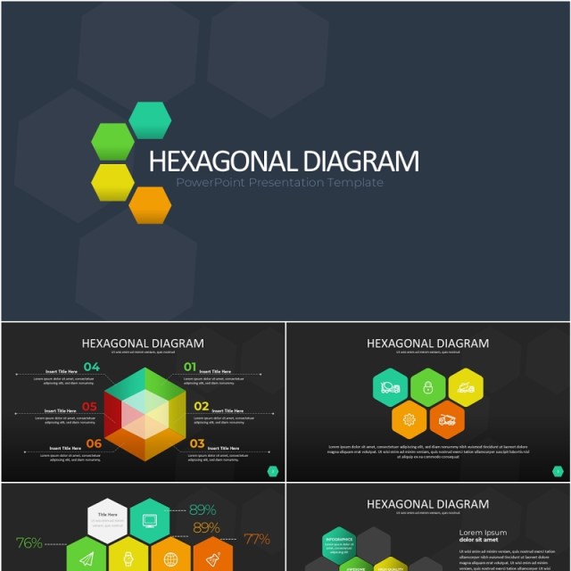 彩色六边形信息图PPT模板素材Wide Dark Hexagonal Infographic