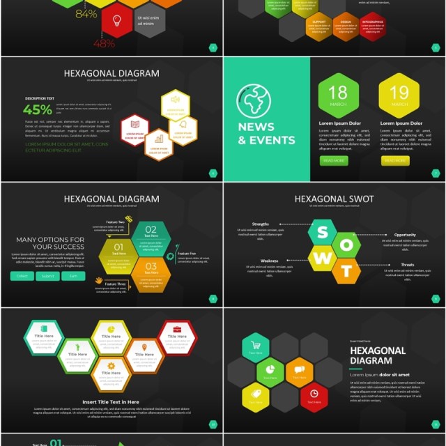 彩色六边形信息图PPT模板素材Wide Dark Hexagonal Infographic