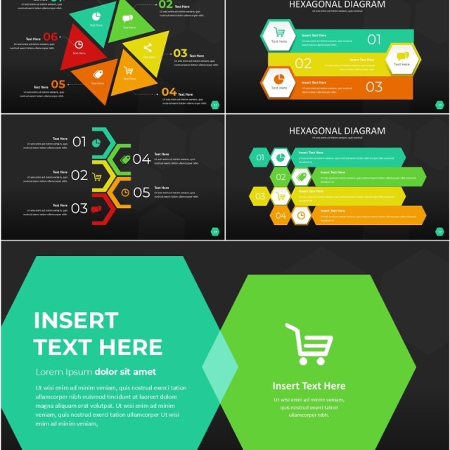 彩色六边形信息图PPT模板素材Wide Dark Hexagonal Infographic