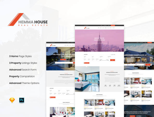 素描与Photoshop,Hemma House的房地产Web模板 素描与Photoshop,Hemma House的房地产Web模板