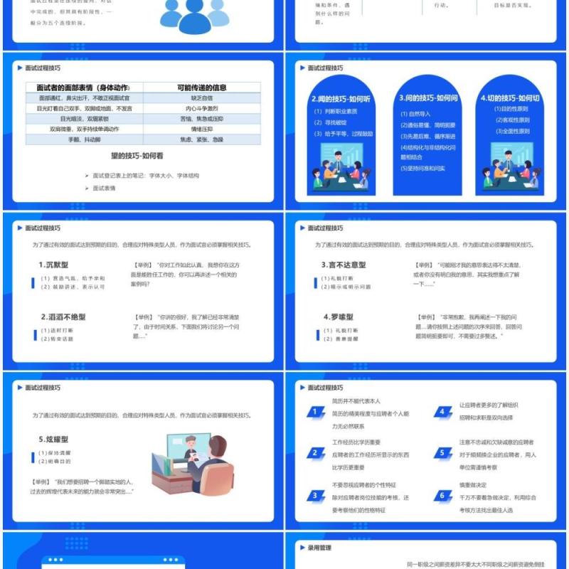 蓝色扁平风招聘及面试技巧培训通用PPT模板
