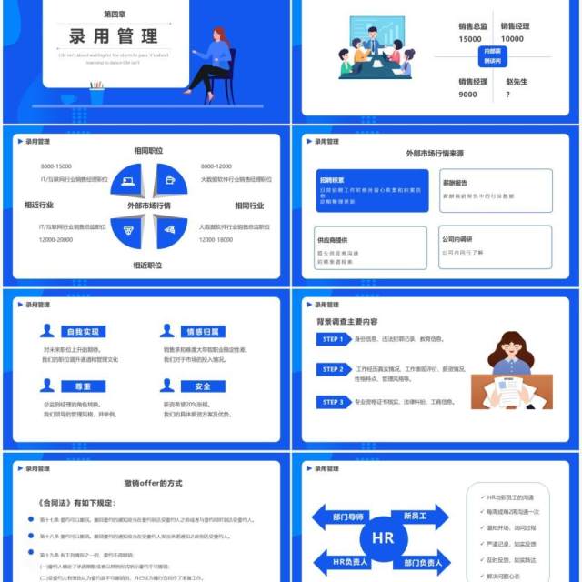 蓝色扁平风招聘及面试技巧培训通用PPT模板