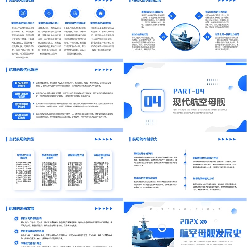蓝色简约风航空母舰发展史介绍PPT模板