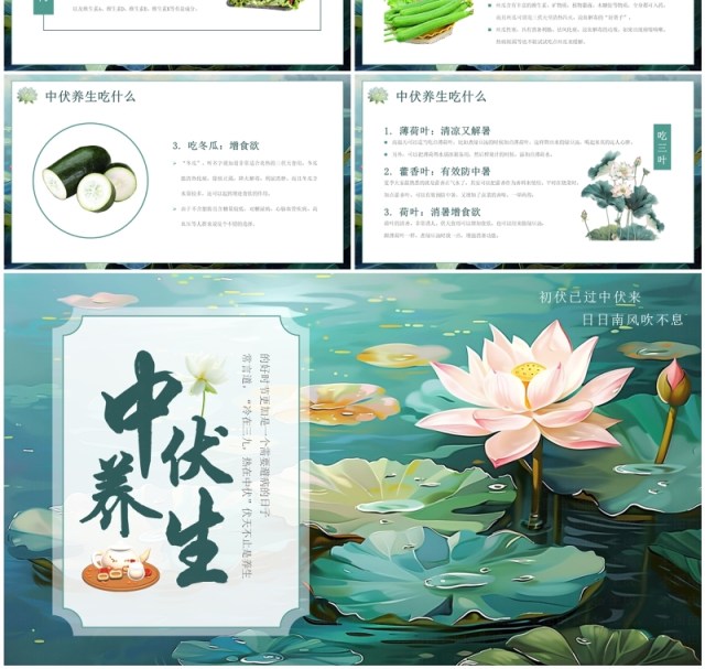 绿色插画风三伏天中伏养生PPT模板 绿色插画风三伏天中伏养生PPT模板