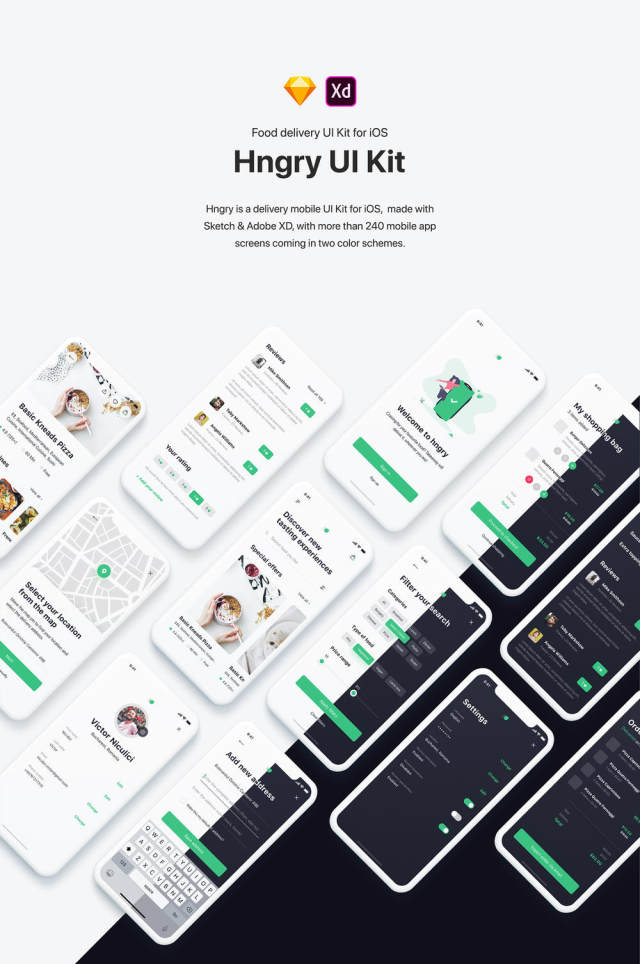 用于Sketch和Adobe XD的240+屏幕食品交付iOS UI工具包，饥饿的iOS UI工具包