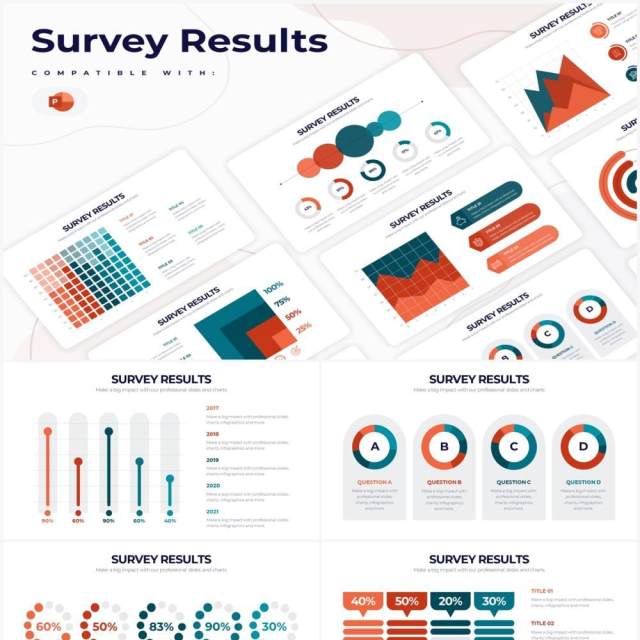 橘色系市场调查市场分析PPT信息图形素材Survey Results Powerpoint Infographics