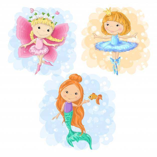 Lovely cartoon girl butterfly, ballerina and a mermaid.