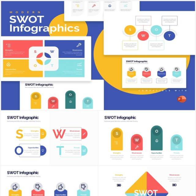 多彩简约SWOT分析模型企业战略分析PPT信息图形素材SWOT Powerpoint Infographics