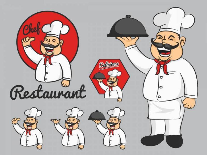 快乐的厨师卡通吉祥物竖起大拇指，按住这道菜