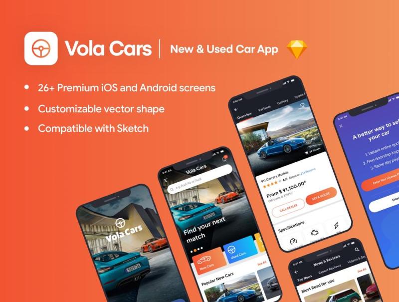 Vola Cars Premium iOS App UI套件Sketch，Vola Cars Premium iOS App UI套件Sketch