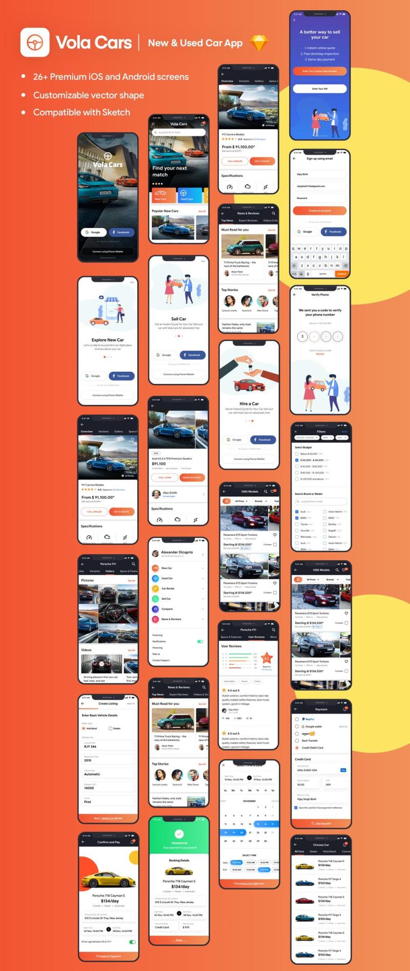 Vola Cars Premium iOS App UI套件Sketch，Vola Cars Premium iOS App UI套件Sketch