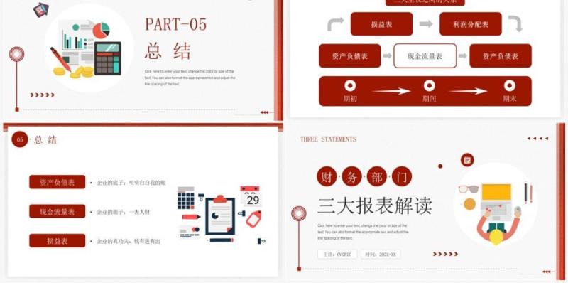红色商务风财务部门三大报表解读PPT模板