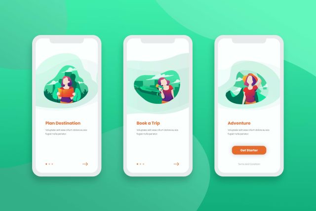 绿色简洁登陆屏幕移动应用程序手机APP界面人物概念插画Onboarding Screens Mobile App 绿色简洁登陆屏幕移动应用程序手机APP界面人物概念插画Onboarding Screens Mobile App