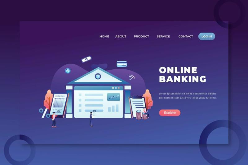 网上银行psd和ai矢量登录页UI界面插画设计online banking psd and ai vector landing page