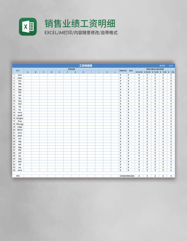 销售业绩工资明细表Excel模板