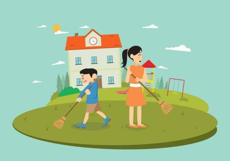  老师和学生清理院子矢量