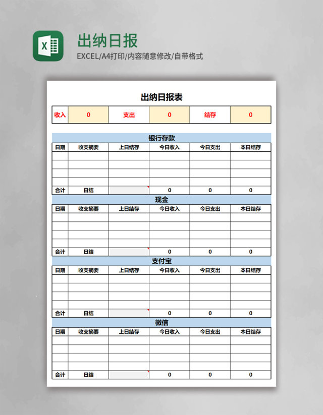 出纳日报表Excel模板