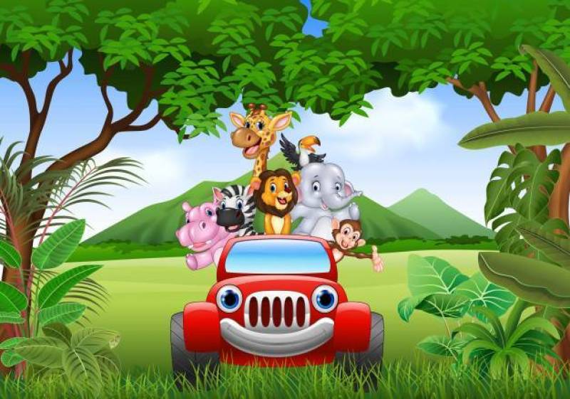 动画片在红色汽车的动物非洲