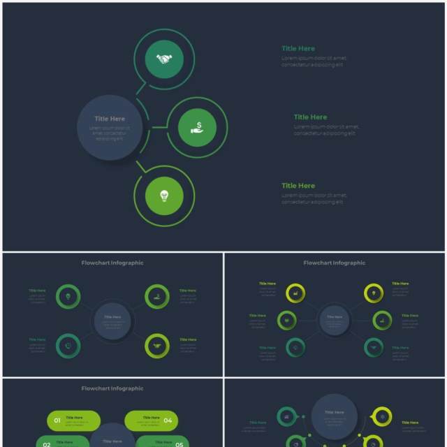 深色系绿色商业产品流程图关系图圆形PPT素材元素Infographic Green