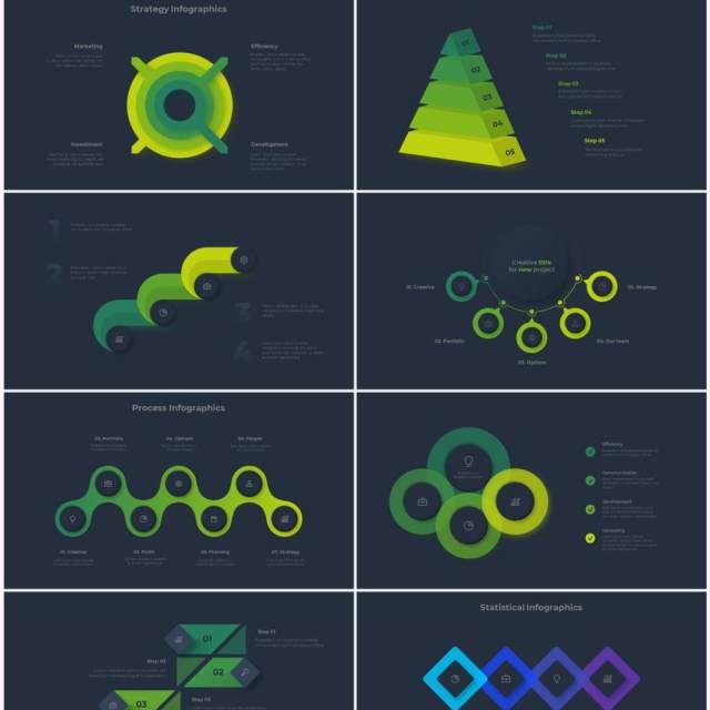 深色系绿色商业产品流程图关系图圆形PPT素材元素Infographic Green