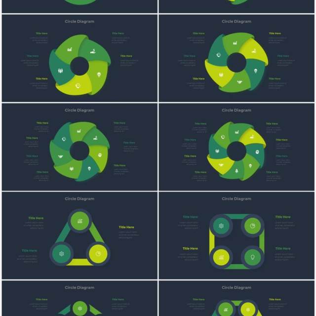 深色系绿色商业产品流程图关系图圆形PPT素材元素Infographic Green