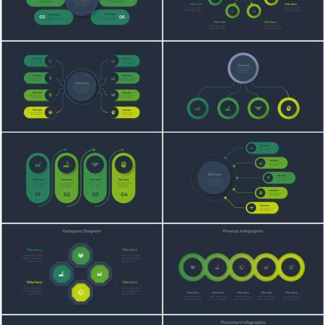 深色系绿色商业产品流程图关系图圆形PPT素材元素Infographic Green