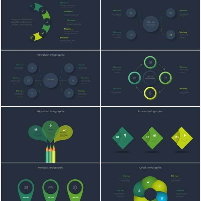 深色系绿色商业产品流程图关系图圆形PPT素材元素Infographic Green