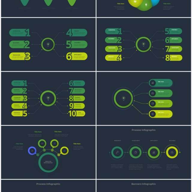 深色系绿色商业产品流程图关系图圆形PPT素材元素Infographic Green