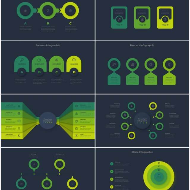 深色系绿色商业产品流程图关系图圆形PPT素材元素Infographic Green