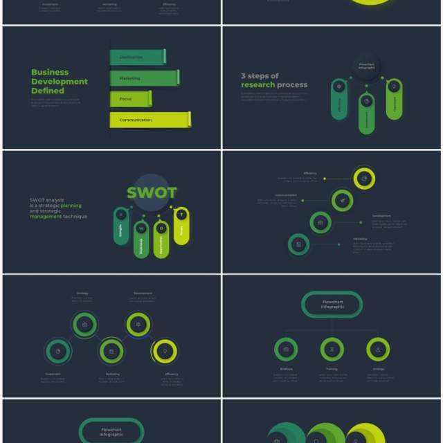 深色系绿色商业产品流程图关系图圆形PPT素材元素Infographic Green