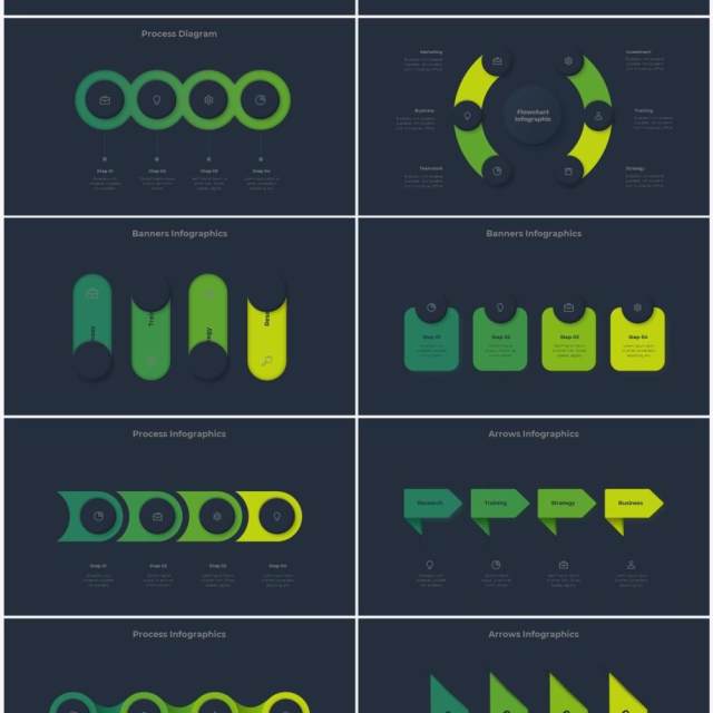 深色系绿色商业产品流程图关系图圆形PPT素材元素Infographic Green