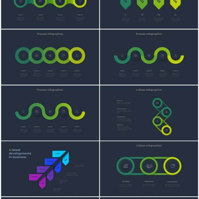 深色系绿色商业产品流程图关系图圆形PPT素材元素Infographic Green