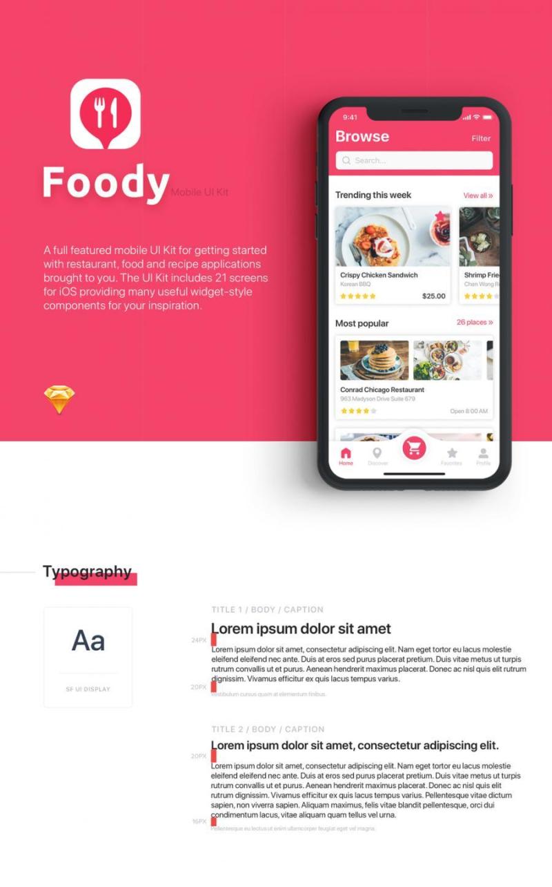 包含21个iOS屏幕的食品订购和交付UI工具包（含Sketch源文件）