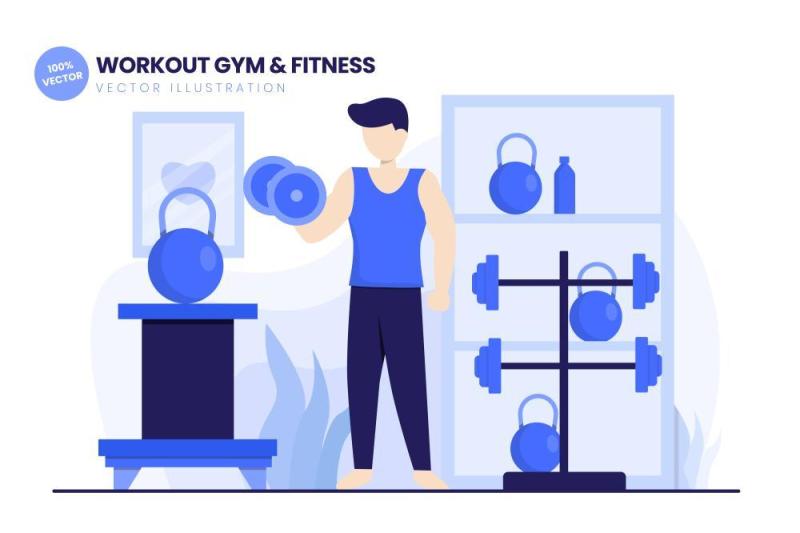 健身馆和运动平面矢量图AI人物插画设计素材Workout Gym & Fitness Flat Vector Illustration
