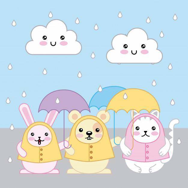 Kawaii兔子猫和老鼠与伞和雨衣动画片