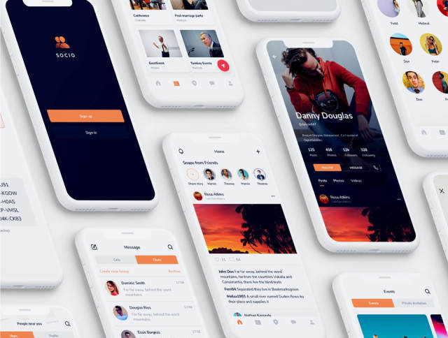 160多个iOS iPhone X屏幕，用于社交应用程序屏幕，以提高您的工作流程。，Socio社交IOS app ui kit