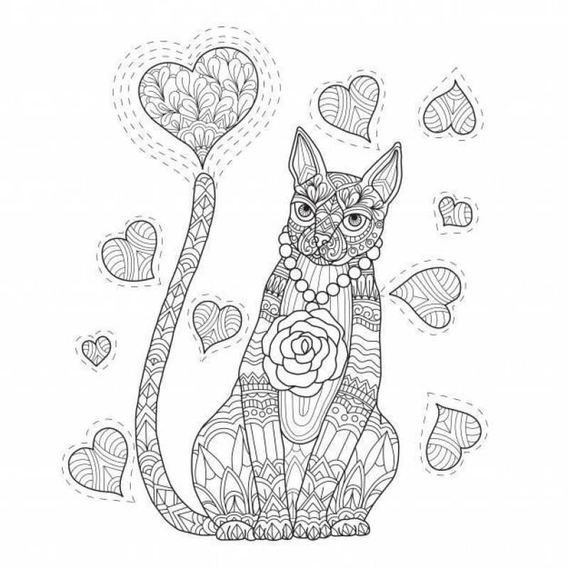 手绘插画的猫和心在zentangle风格
