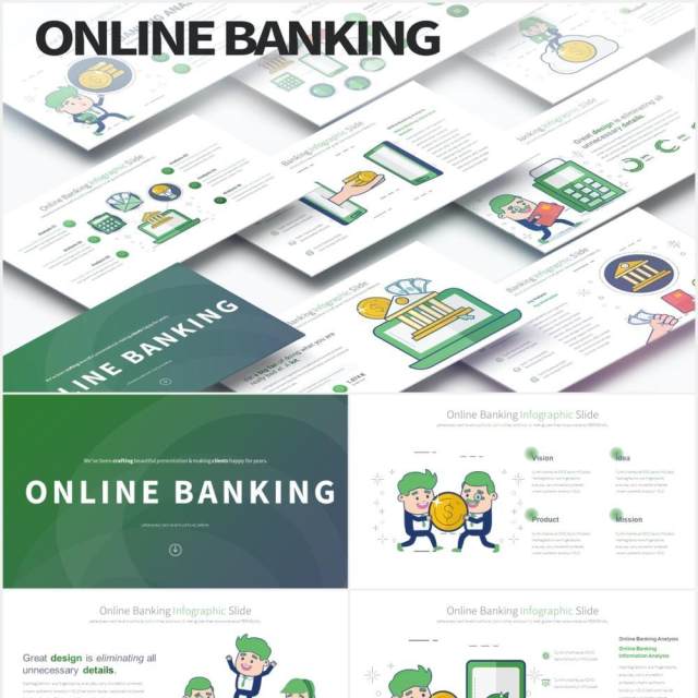 11套色系网上银行线上金融理财创意人物插画PPT素材Online Banking - PowerPoint Infographics