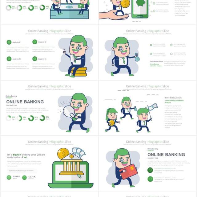 11套色系网上银行线上金融理财创意人物插画PPT素材Online Banking - PowerPoint Infographics