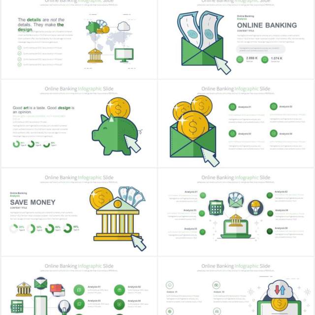 11套色系网上银行线上金融理财创意人物插画PPT素材Online Banking - PowerPoint Infographics