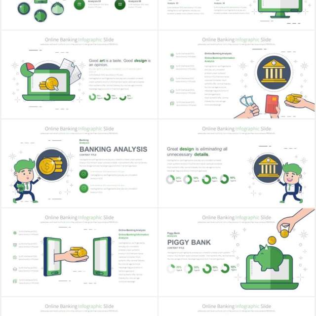 11套色系网上银行线上金融理财创意人物插画PPT素材Online Banking - PowerPoint Infographics