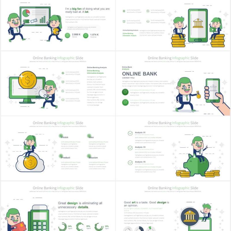 11套色系网上银行线上金融理财创意人物插画PPT素材Online Banking - PowerPoint Infographics